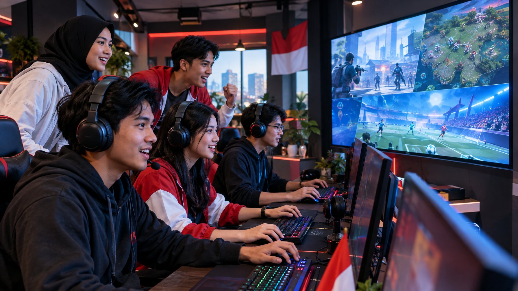 Sekelompok anak muda Indonesia bermain game bersama di sebuah ruang gaming.