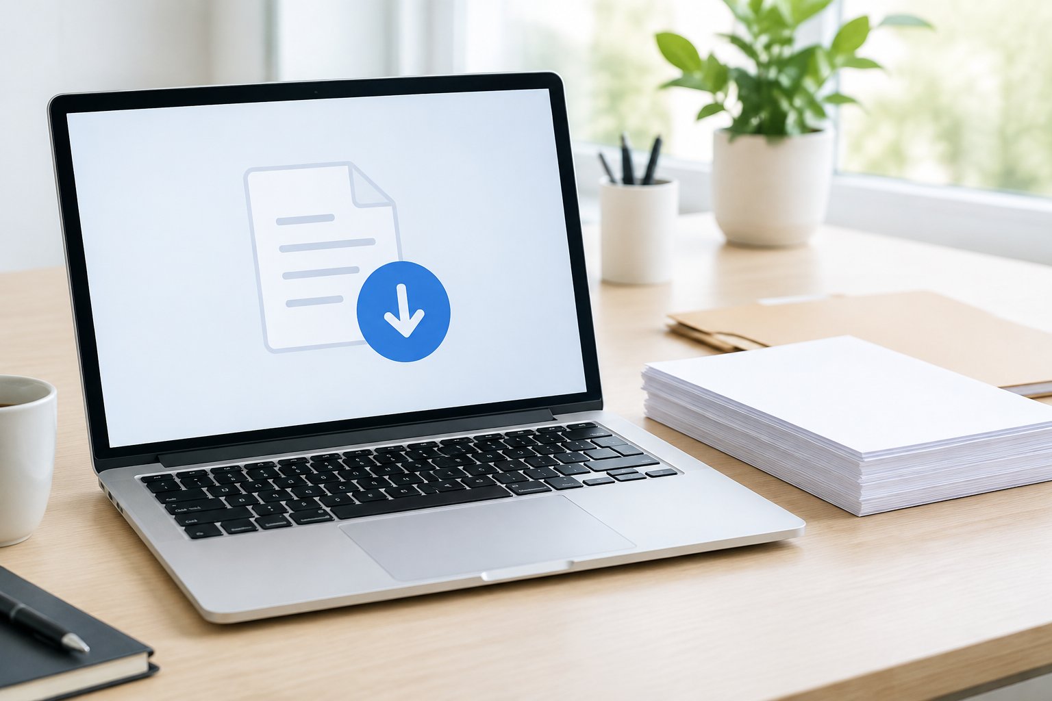 A laptop showing a document download symbol beside a stack of papers.