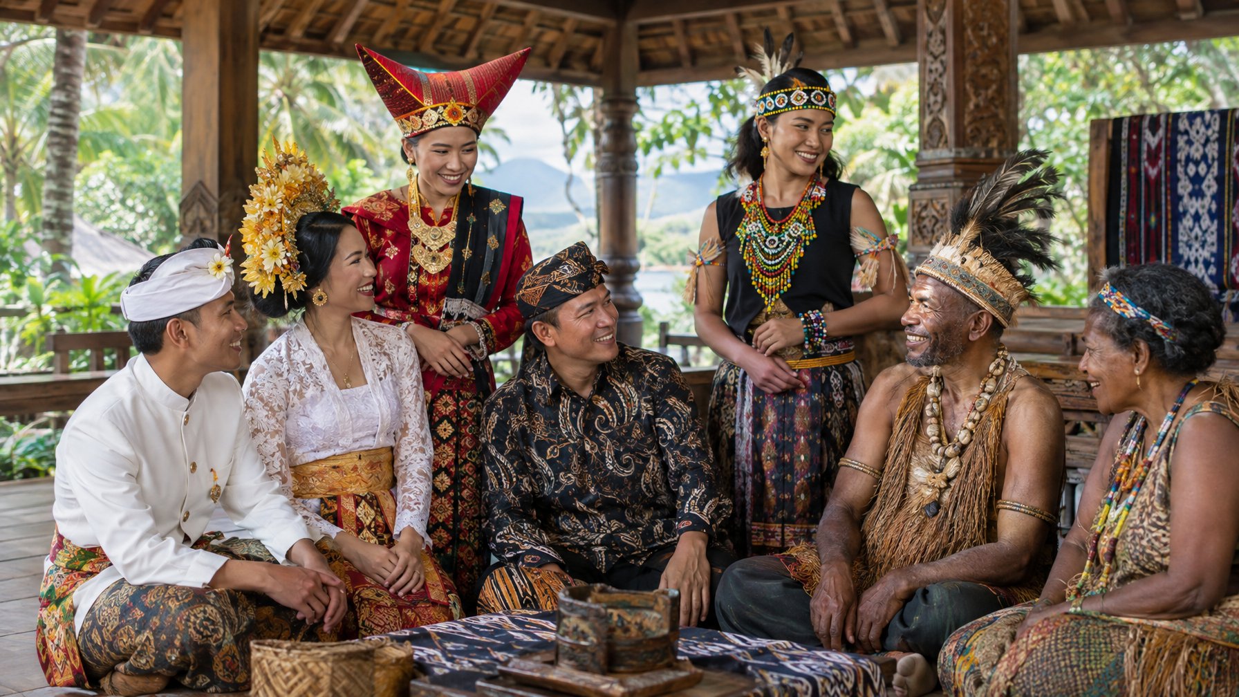 Sekelompok orang Indonesia mengenakan pakaian tradisional dari berbagai daerah dan berkumpul di paviliun terbuka.