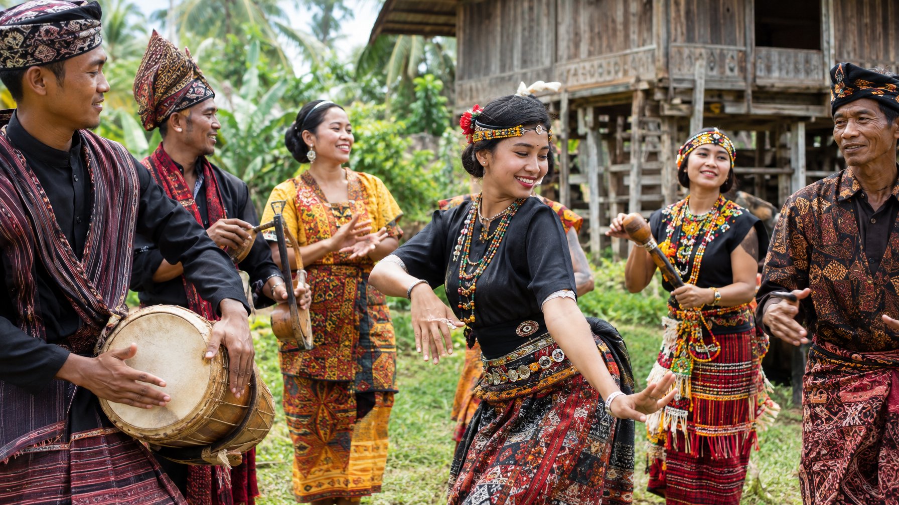 Sejumlah orang mengenakan pakaian tradisional berkumpul dan menari di halaman desa.