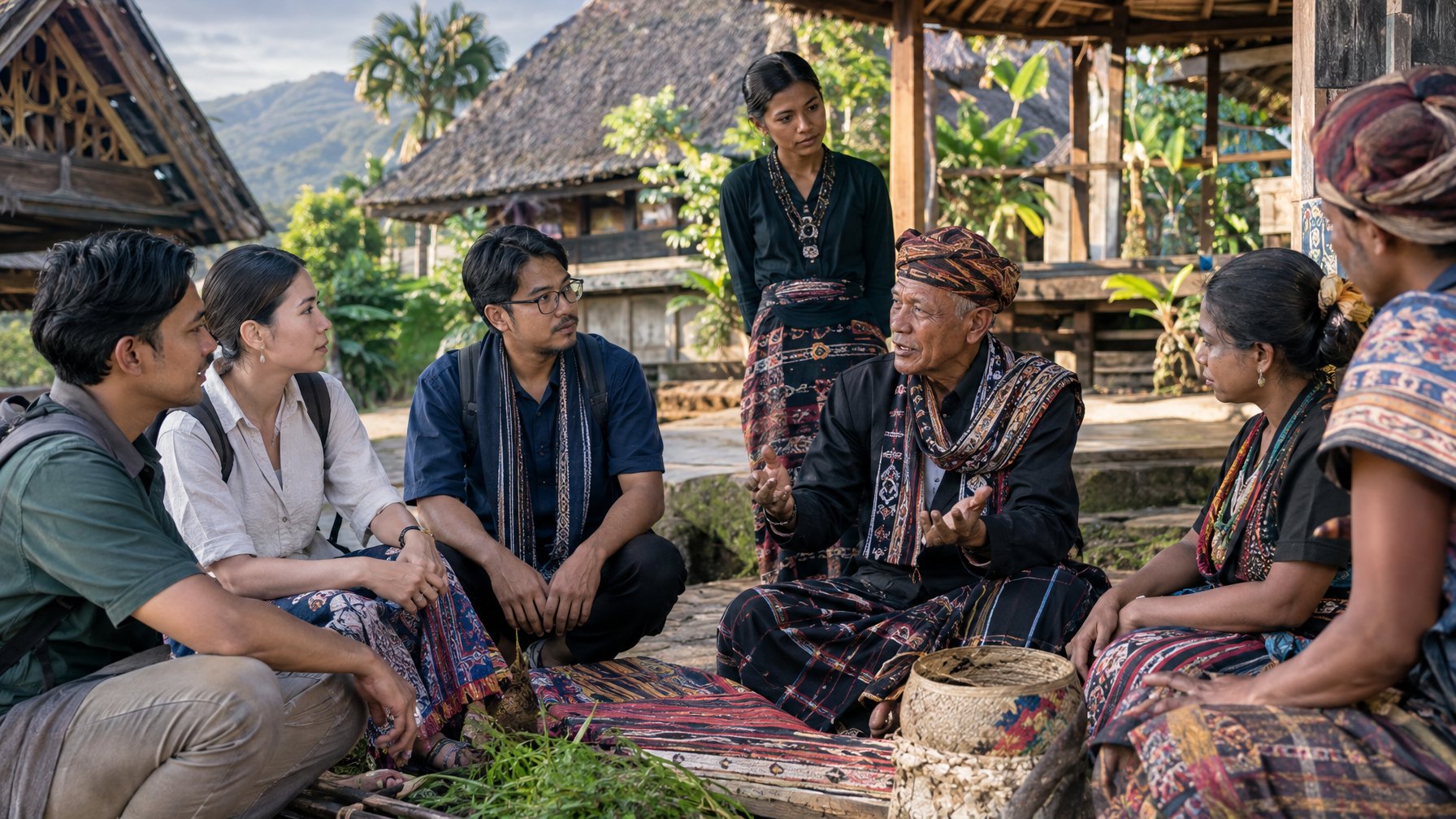 Pengunjung mendengarkan penjelasan tetua adat di tengah warga yang mengenakan pakaian tradisional.