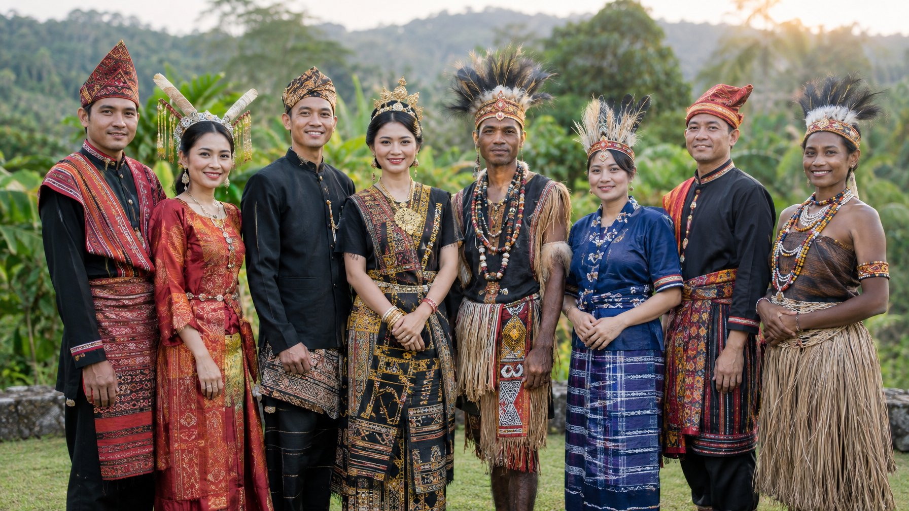 Sekelompok orang Indonesia mengenakan pakaian tradisional dari berbagai daerah.