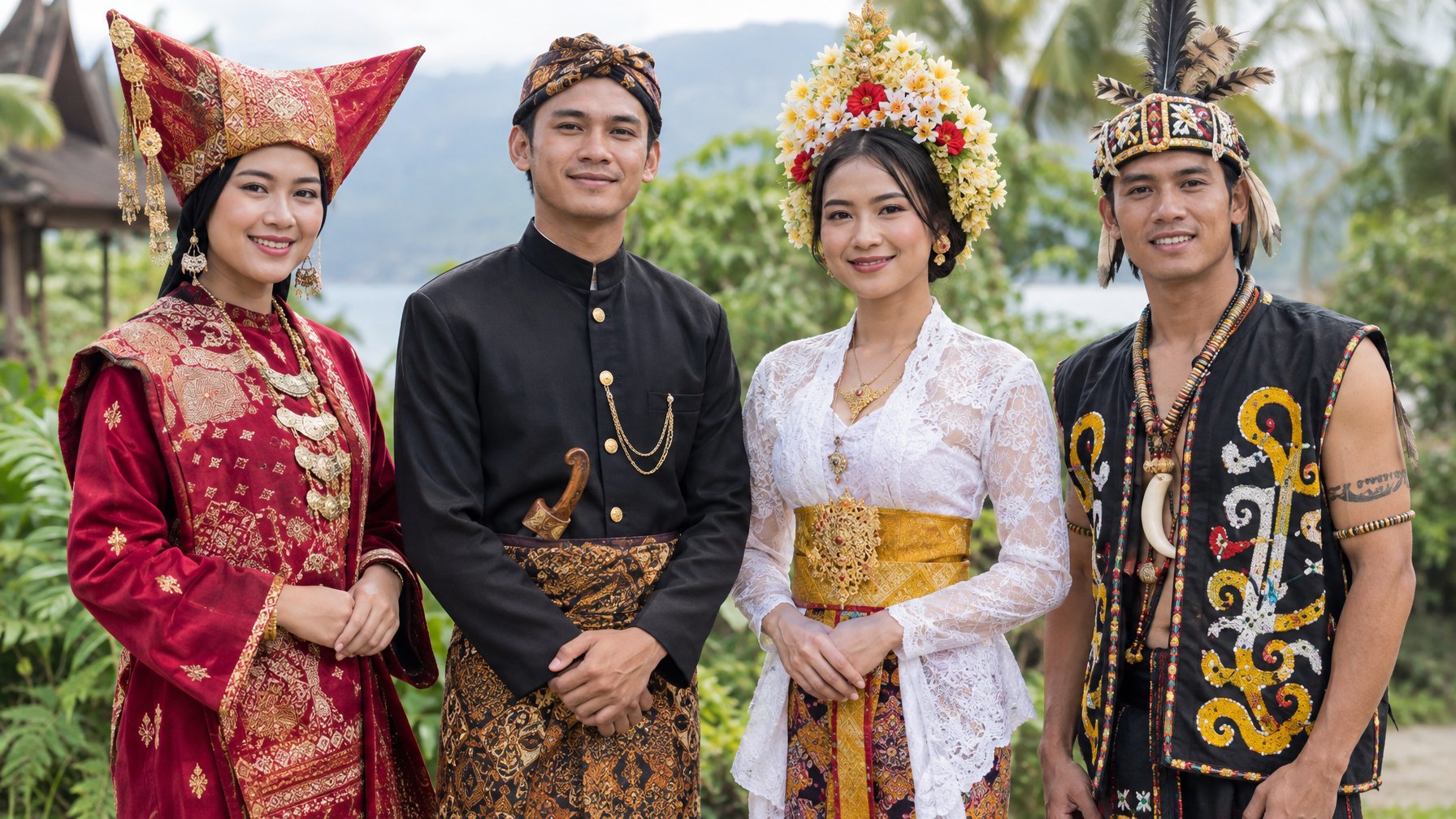Empat orang Indonesia mengenakan pakaian tradisional yang terinspirasi dari Sumatra, Jawa, Bali, dan Kalimantan.
