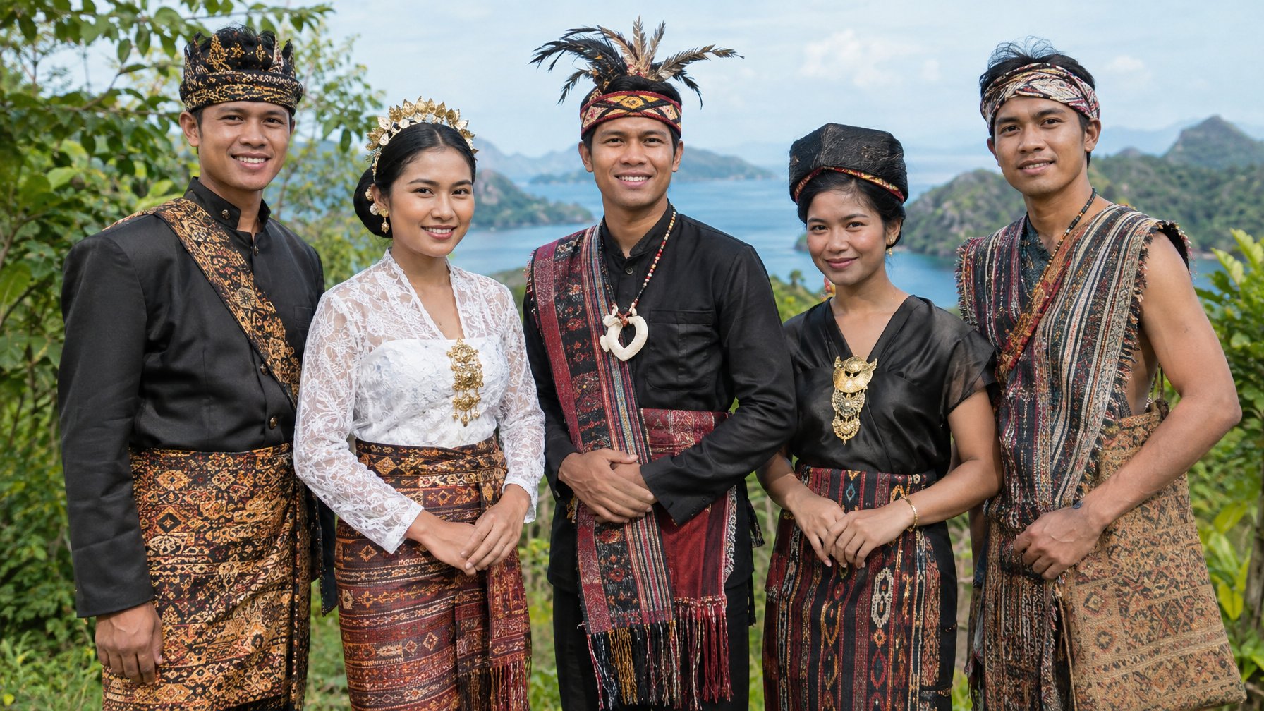 Sekelompok warga Indonesia dengan pakaian tradisional dari berbagai daerah berdiri bersama di tengah lingkungan tropis.