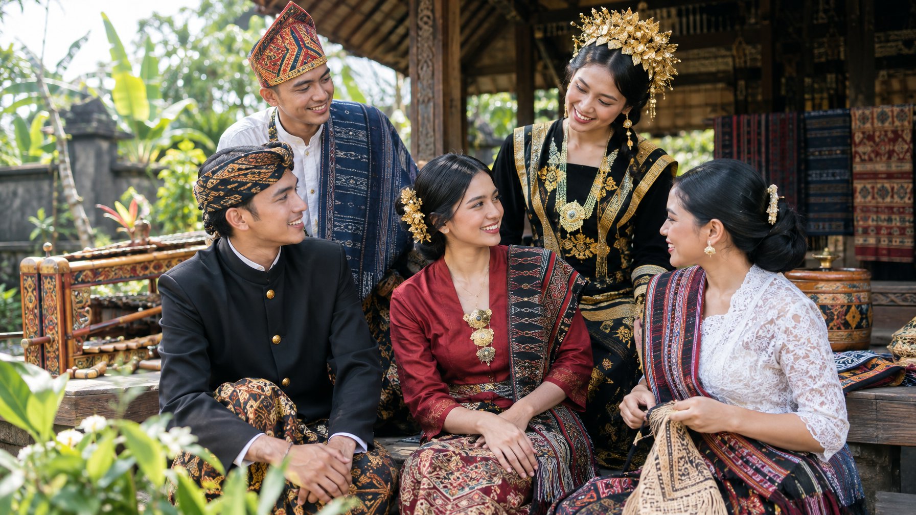 Sekelompok orang Indonesia mengenakan pakaian tradisional beragam di dekat pendopo kayu.