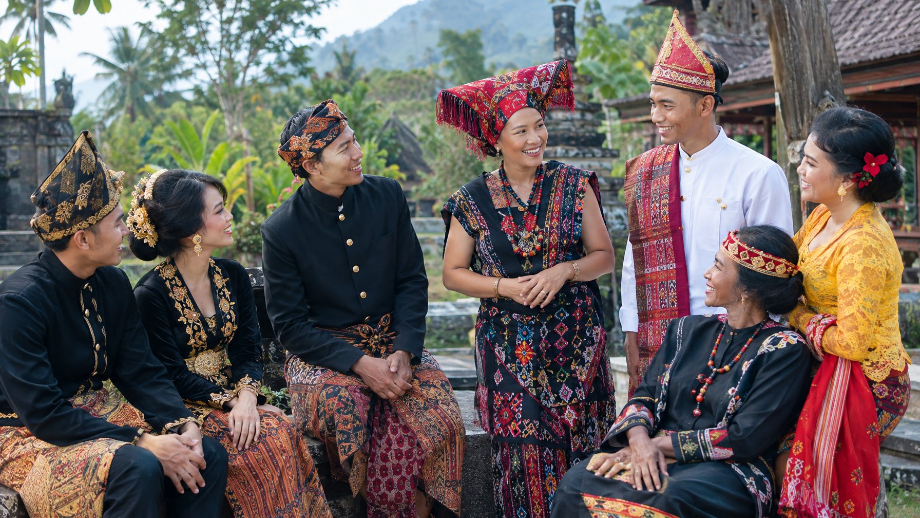 Sejumlah warga Indonesia mengenakan pakaian adat dari berbagai daerah dan berkumpul dengan ramah.