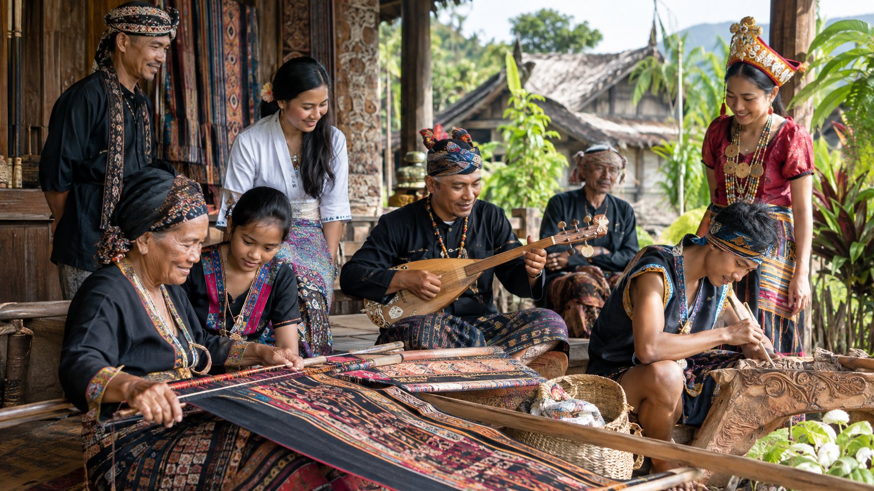 Sejumlah warga Indonesia mengenakan busana tradisional dan menampilkan seni serta kerajinan lokal di lingkungan desa.