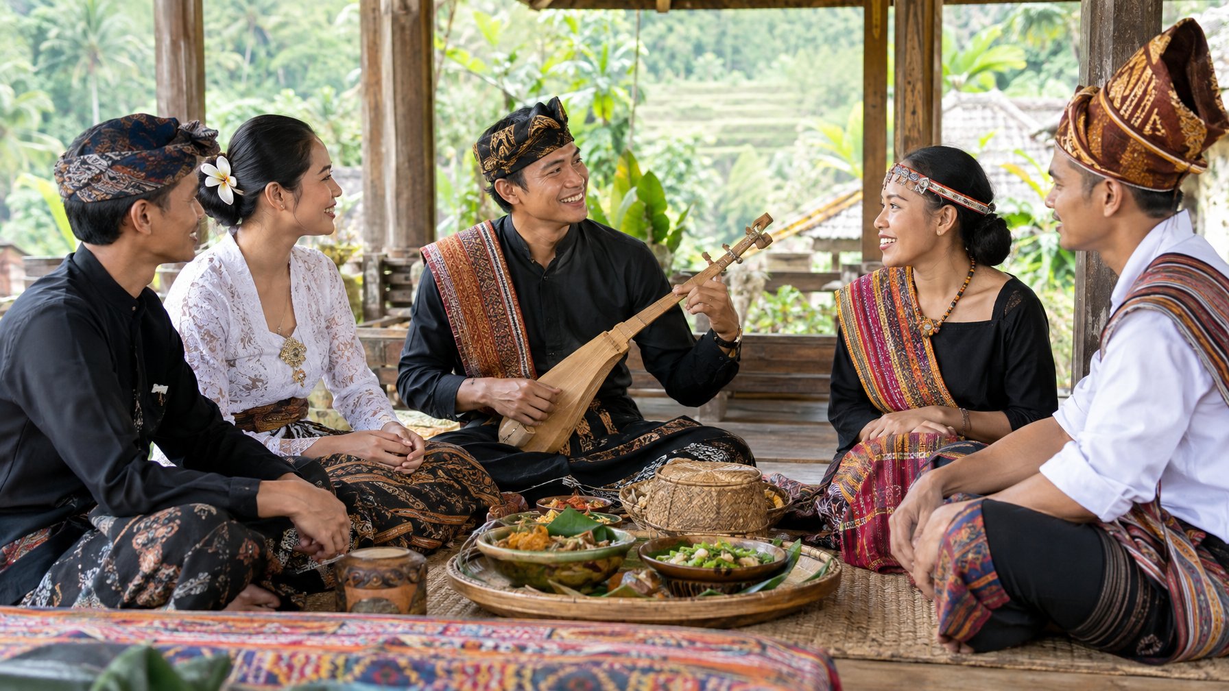 Sekelompok warga dari berbagai daerah berbagi budaya dan berbincang di sebuah balai terbuka.