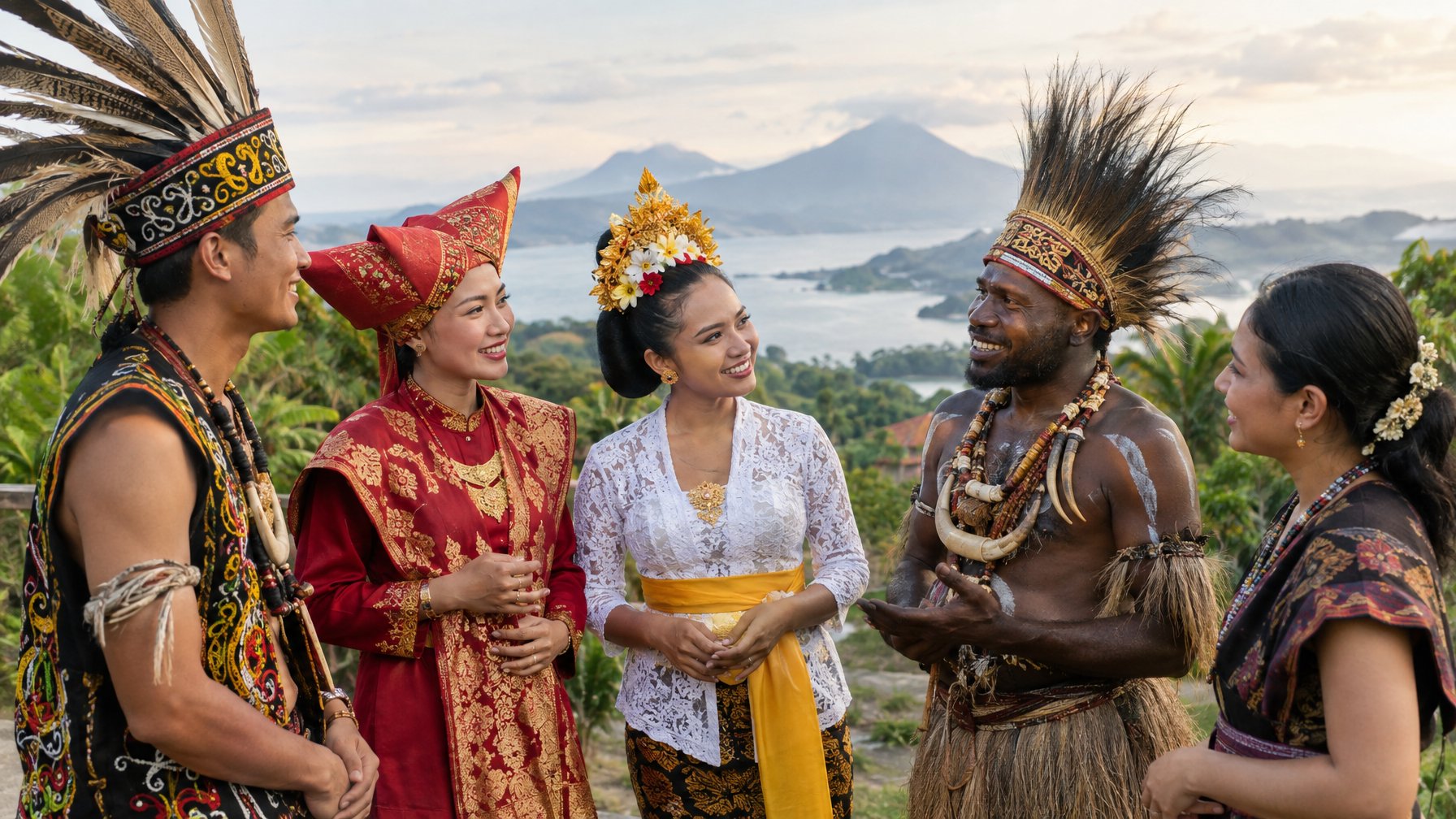 Sekelompok orang dari berbagai daerah di Indonesia berkumpul dan berbincang di lingkungan tropis.