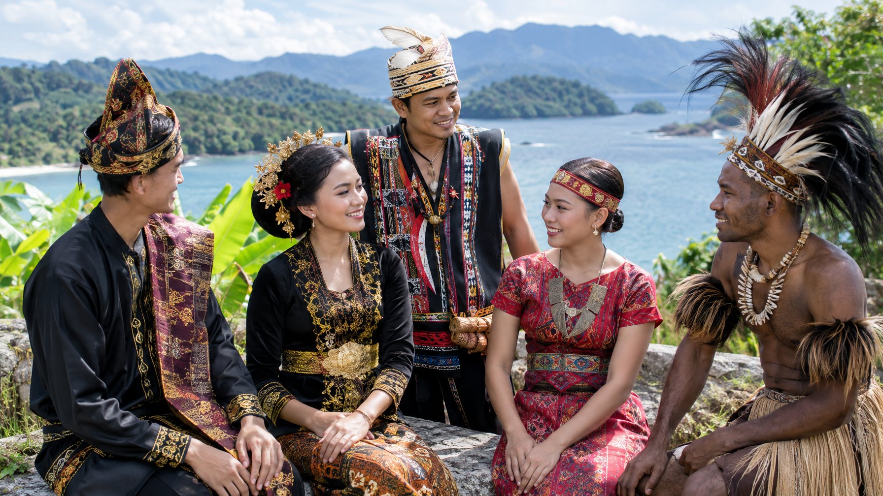 Sekelompok orang dari berbagai daerah di Indonesia mengenakan pakaian tradisional di tengah suasana alam tropis.