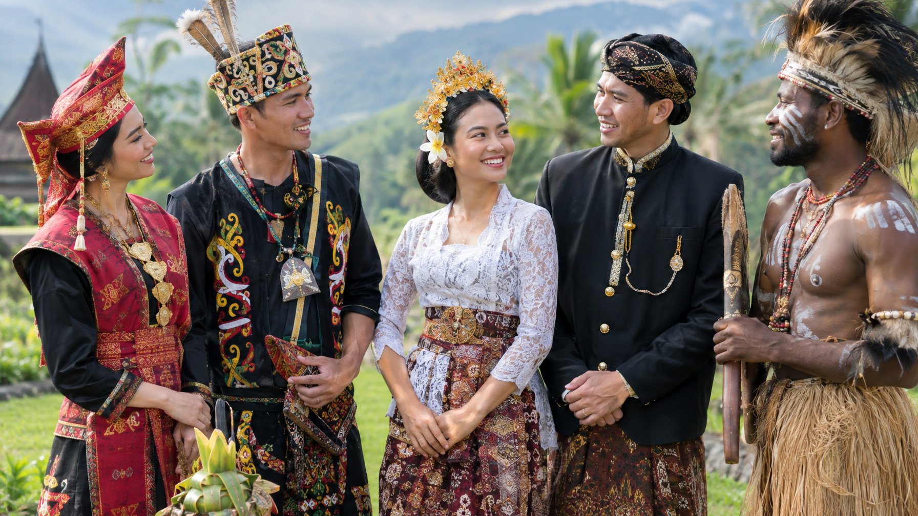 Sekelompok orang Indonesia mengenakan pakaian adat dari berbagai daerah.