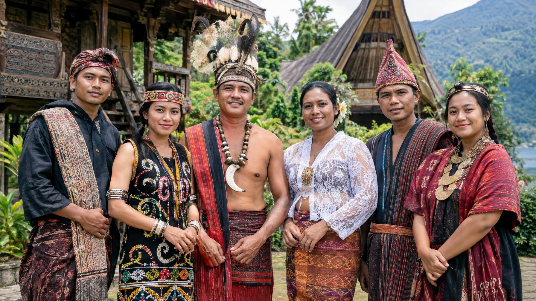 Sekelompok orang dari beragam suku Nusantara mengenakan pakaian tradisional di lingkungan desa tropis.