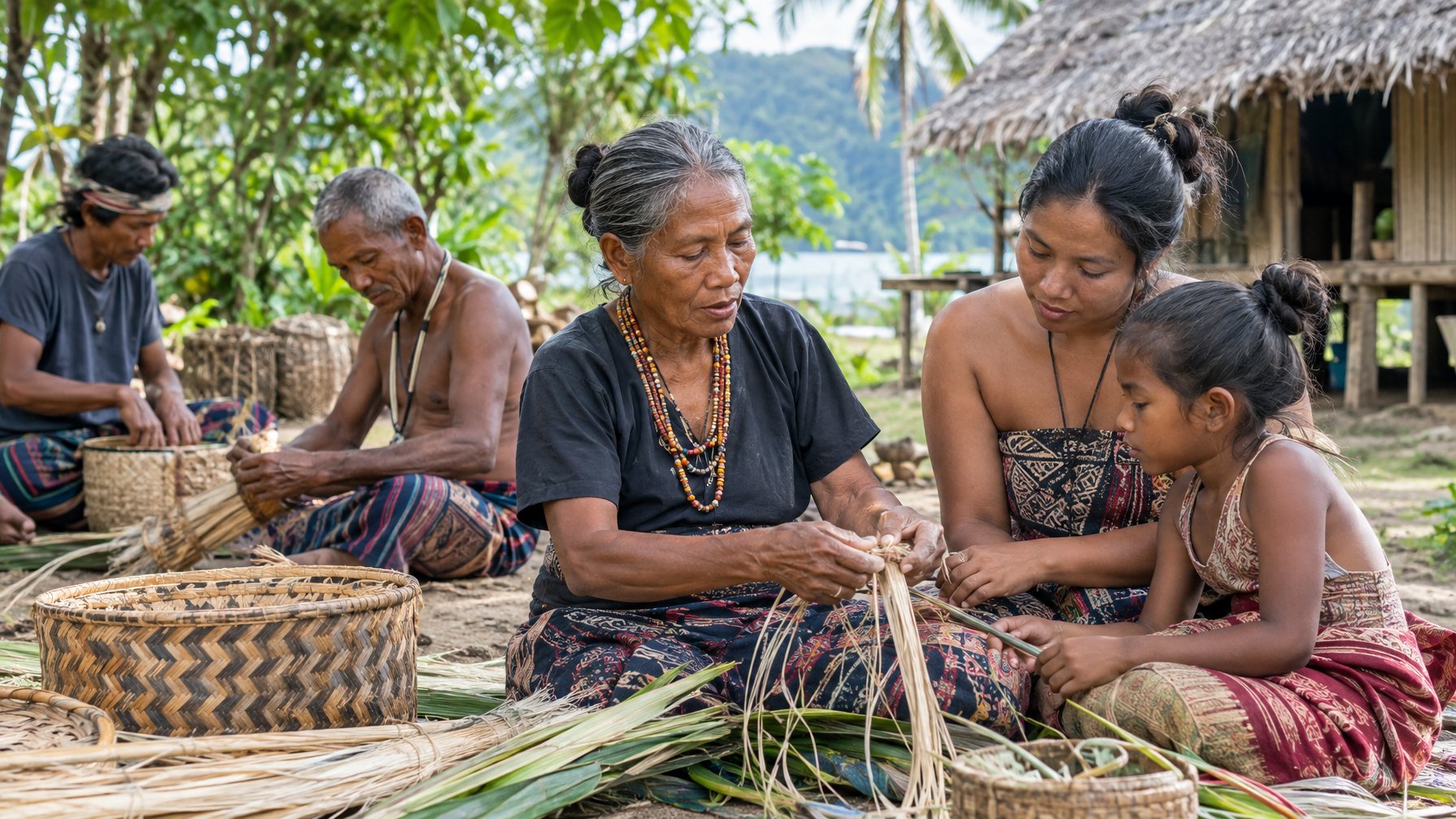 Seorang tetua mengajarkan kerajinan tradisional kepada generasi muda di sebuah desa.
