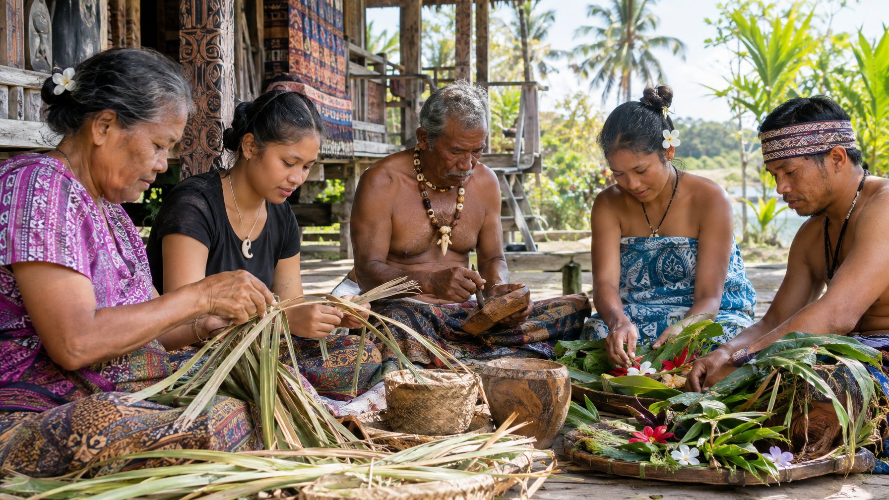 Sejumlah anggota komunitas membuat kerajinan tradisional bersama di sebuah desa tropis.