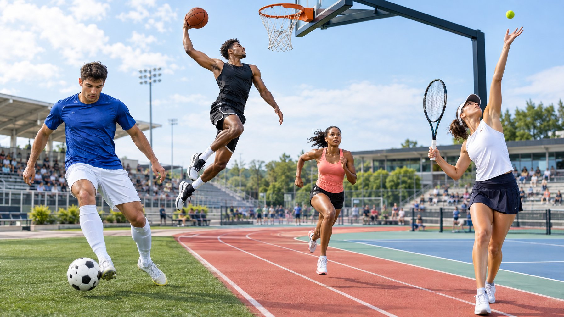 Atlet sepak bola, basket, lari, dan tenis berolahraga di kompleks olahraga.