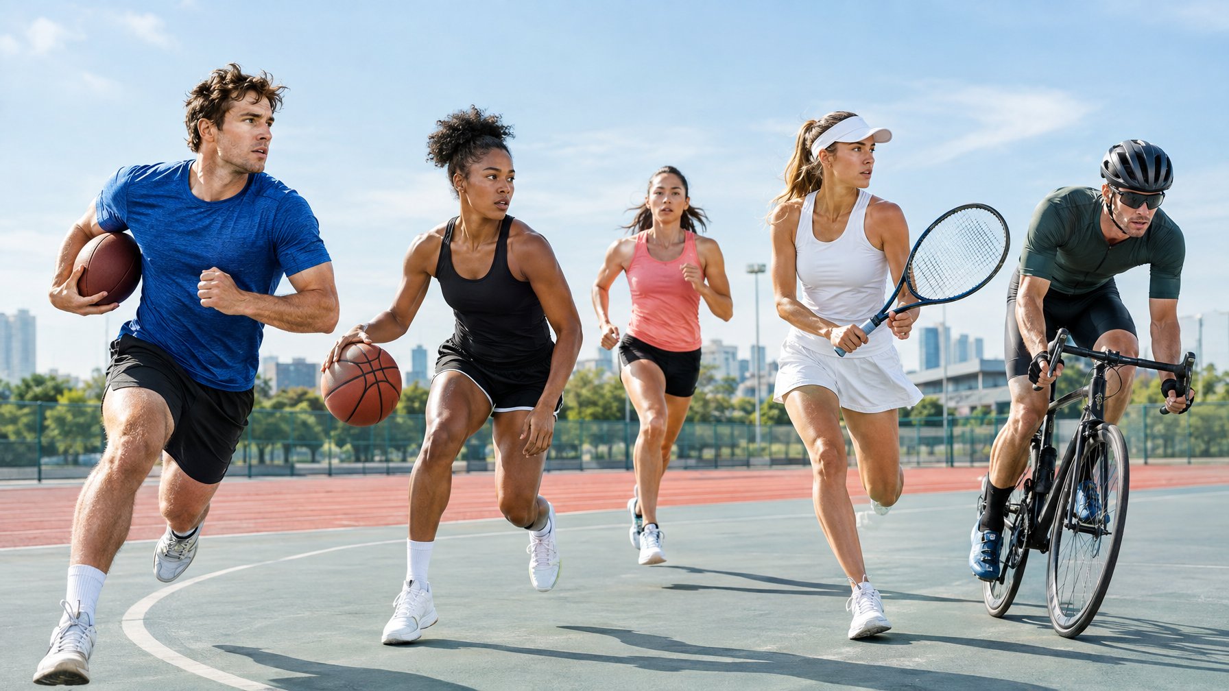 Atlet sepak bola, basket, lari, tenis, dan bersepeda berolahraga di kompleks olahraga.