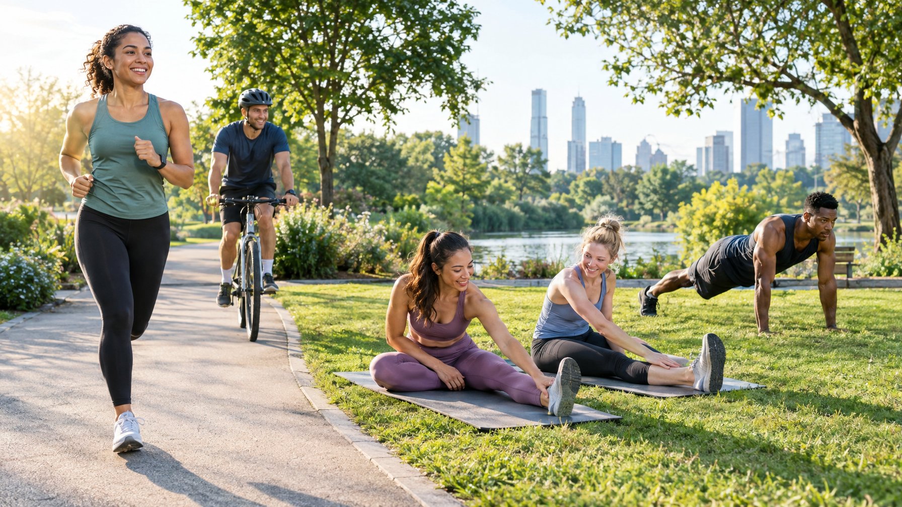 Sekelompok orang berolahraga di taman dengan berlari, bersepeda, melakukan yoga, dan latihan kekuatan.