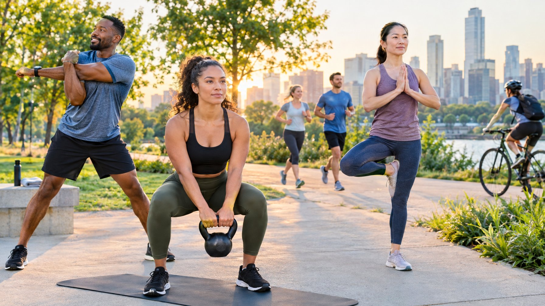 Sekelompok orang berolahraga di taman, melakukan latihan beban, yoga, peregangan, joging, dan bersepeda.