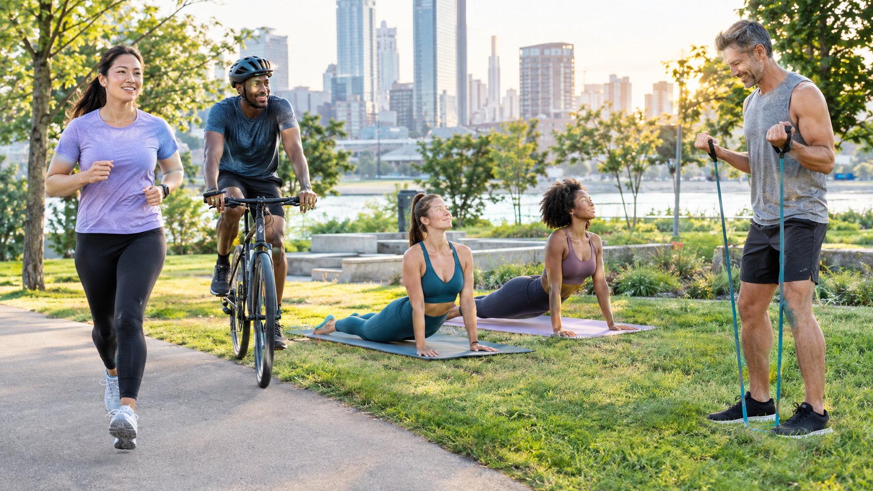 Sekelompok orang melakukan joging, bersepeda, yoga, dan latihan kekuatan di taman.