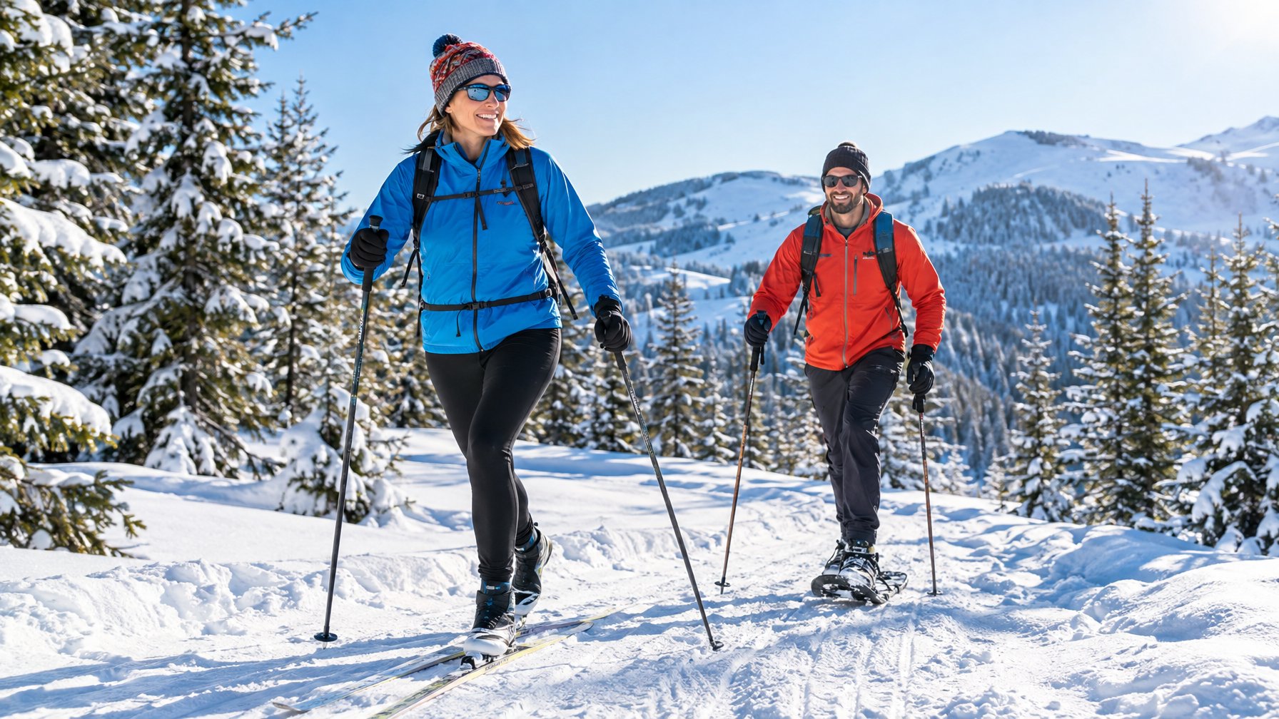 Dua orang berolahraga ski lintas alam dan berjalan dengan sepatu salju di jalur pegunungan bersalju.