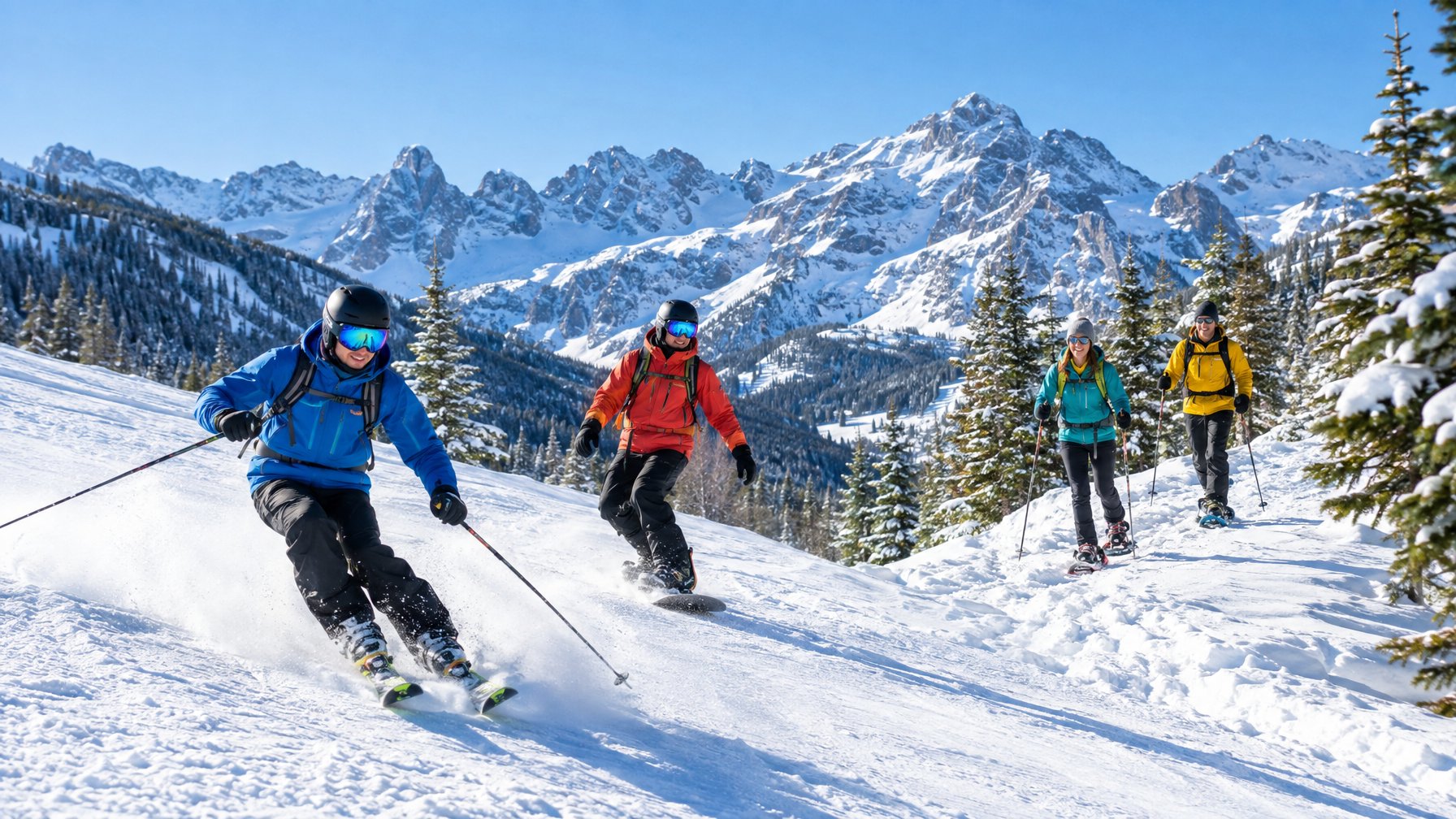 Sekelompok orang bermain ski, snowboarding, dan berjalan dengan sepatu salju di pegunungan bersalju.