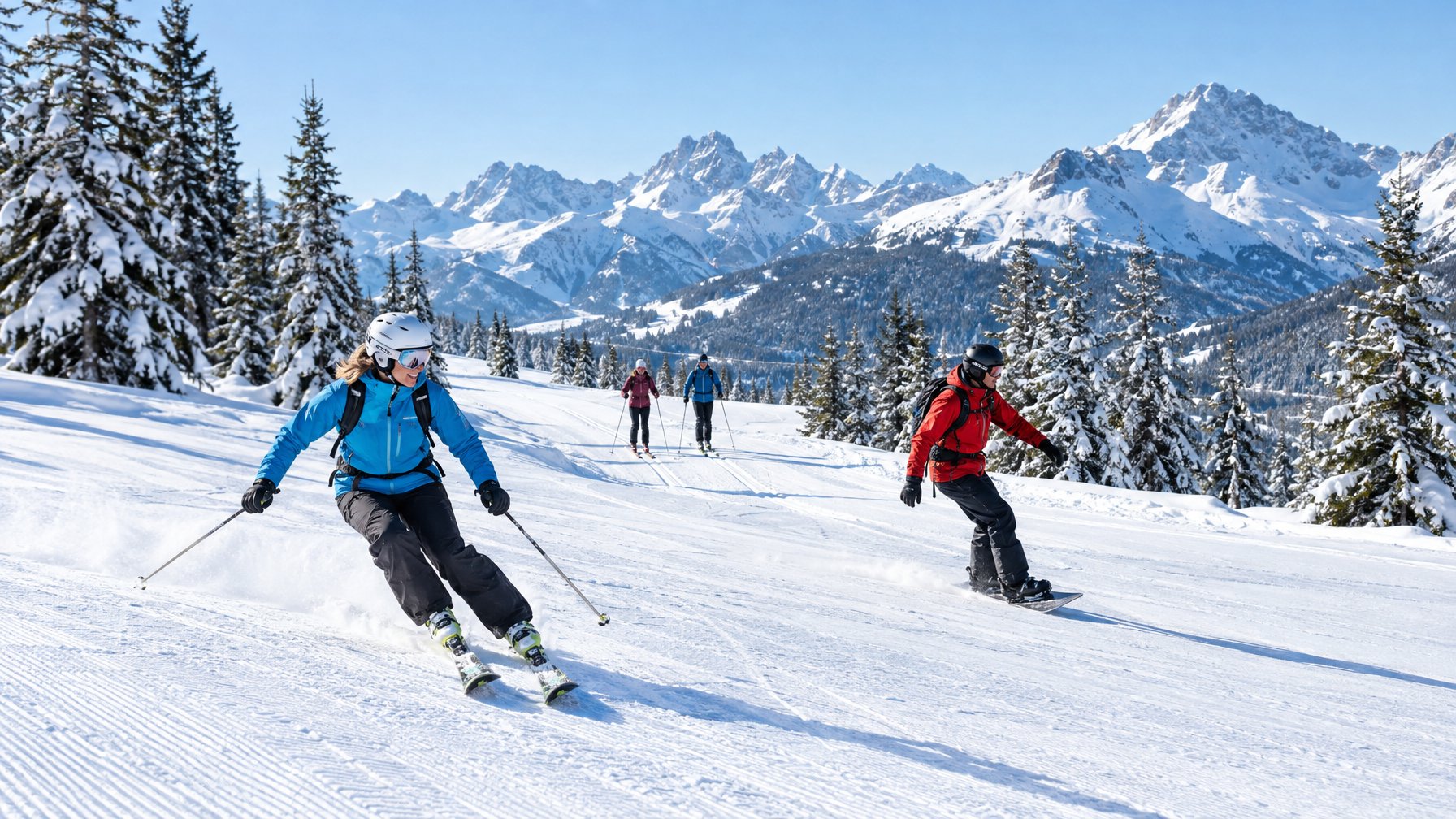 Para penggemar olahraga musim dingin bermain ski dan snowboard di pegunungan bersalju.