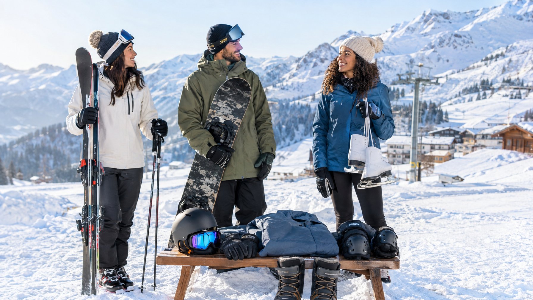 Para atlet bersiap untuk bermain ski, seluncur papan, dan seluncur es dengan perlengkapan musim dingin di pegunungan bersalju.