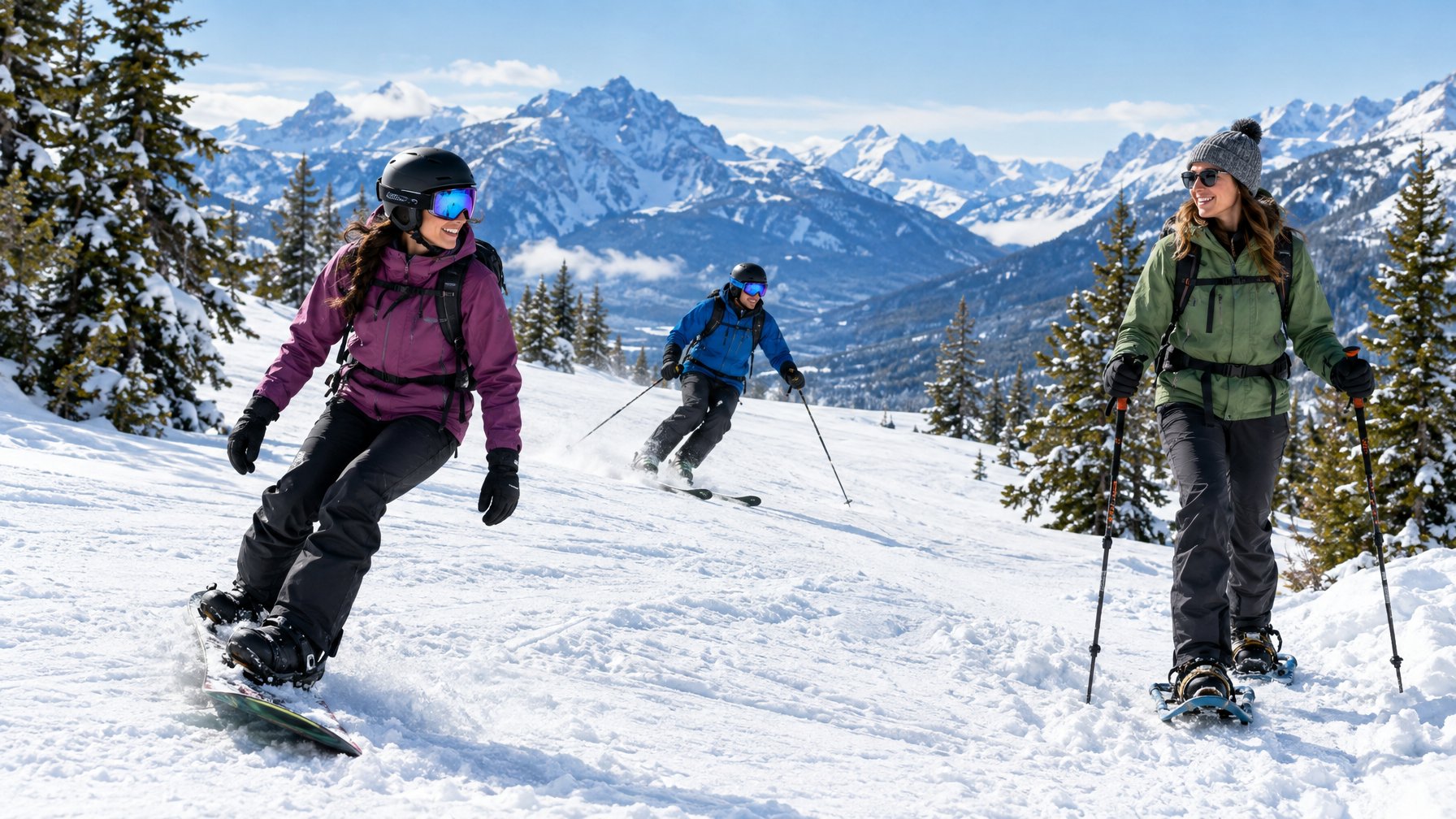 Tiga orang mencoba ski, snowboard, dan sepatu salju di kawasan pegunungan bersalju.