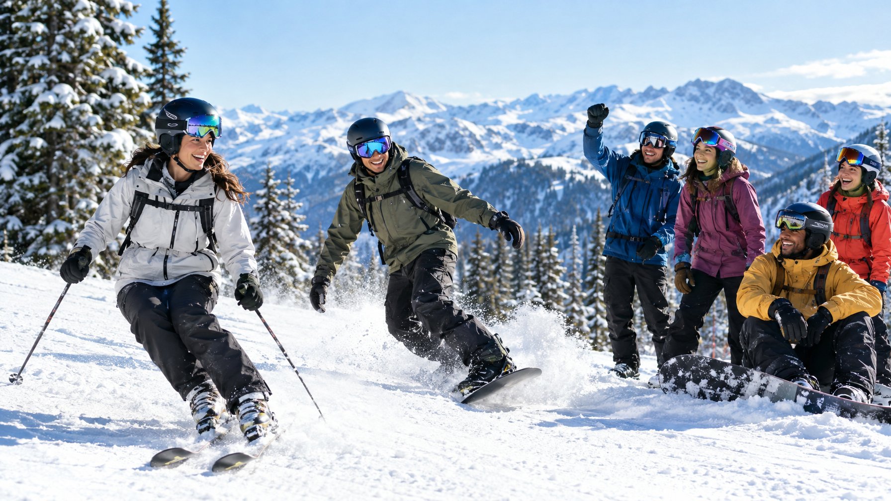 Sekelompok anak muda bermain ski dan seluncur papan di lereng bersalju.