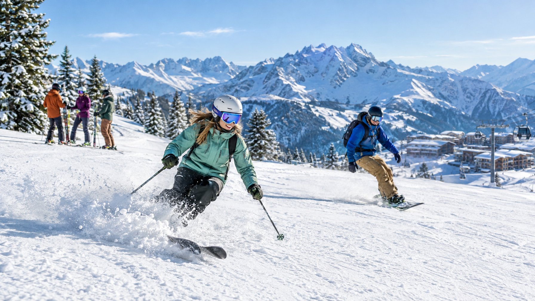 Sekelompok teman bermain ski dan snowboard di lereng bersalju dengan latar pegunungan.