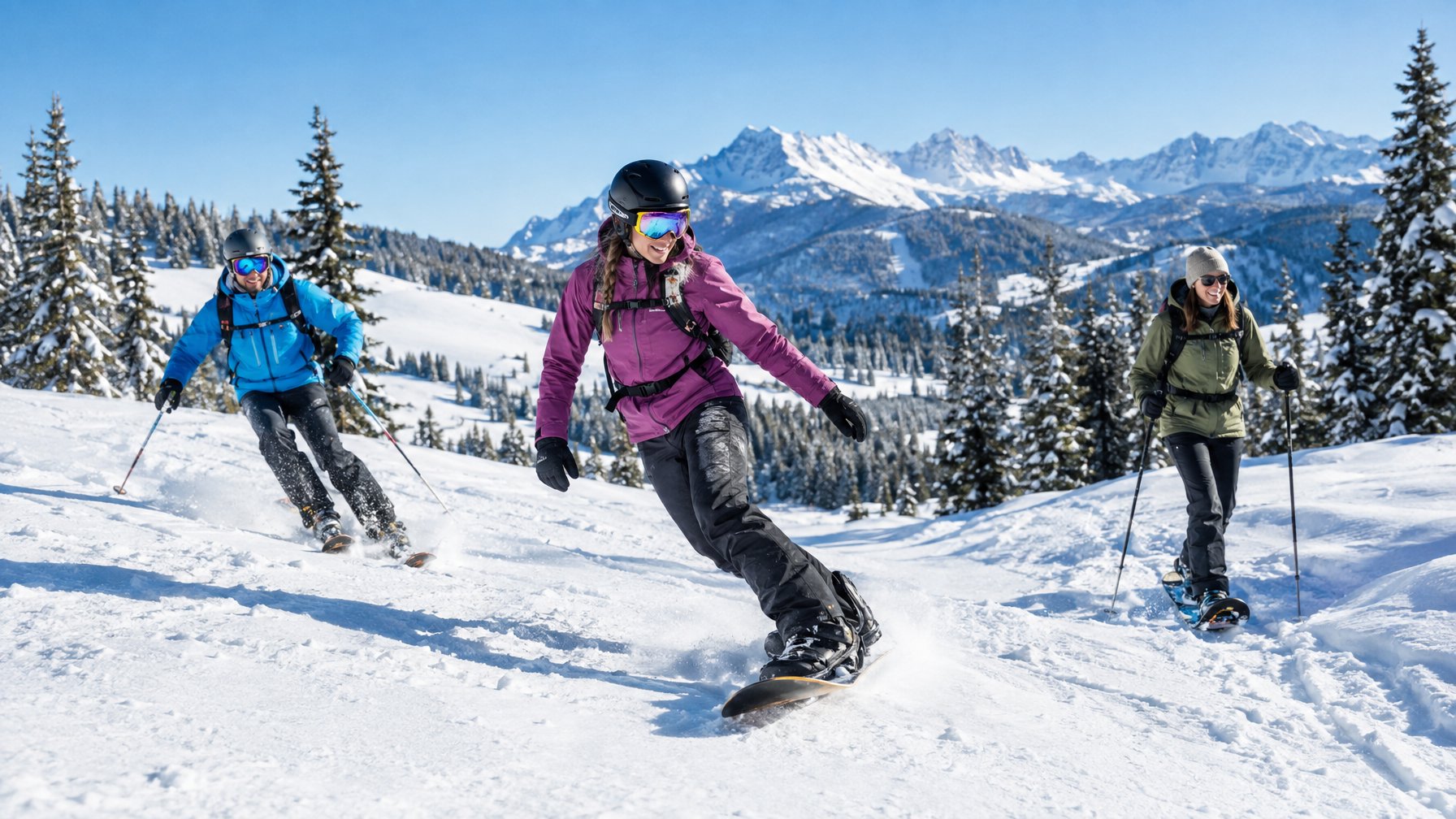 Sekelompok teman bermain ski, snowboard, dan berjalan dengan sepatu salju di lereng pegunungan bersalju.