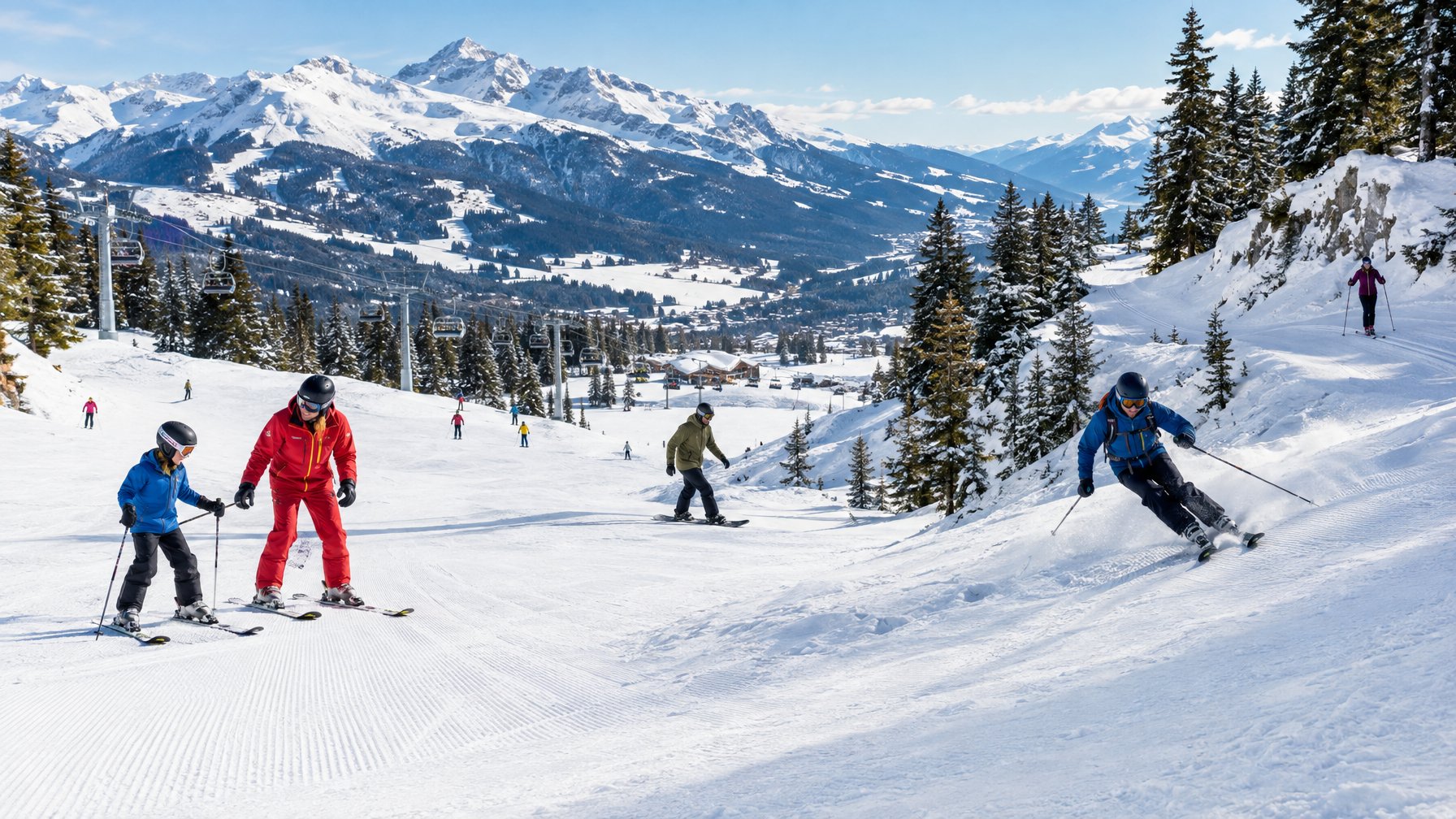 Para pemain ski dan snowboard berolahraga di berbagai lereng bersalju.