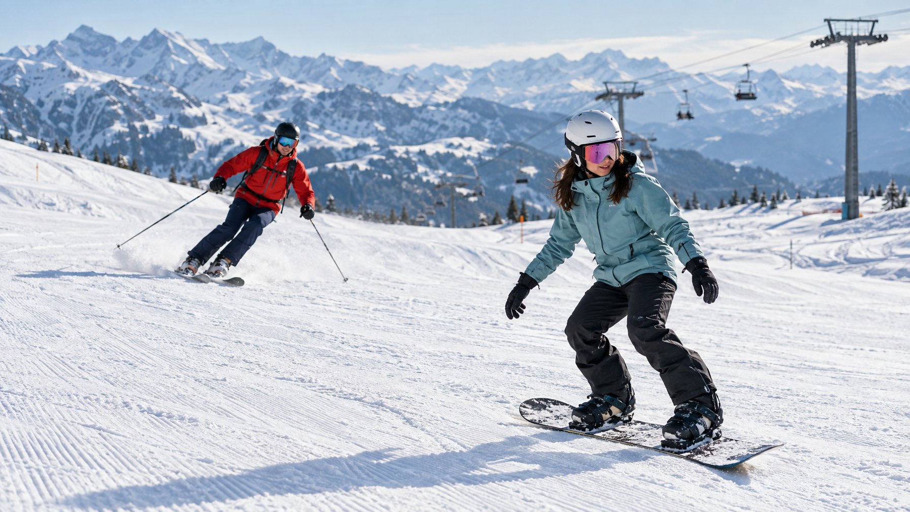 Seorang pemain ski profesional dan seorang peseluncur papan pemula berlatih di lereng bersalju.