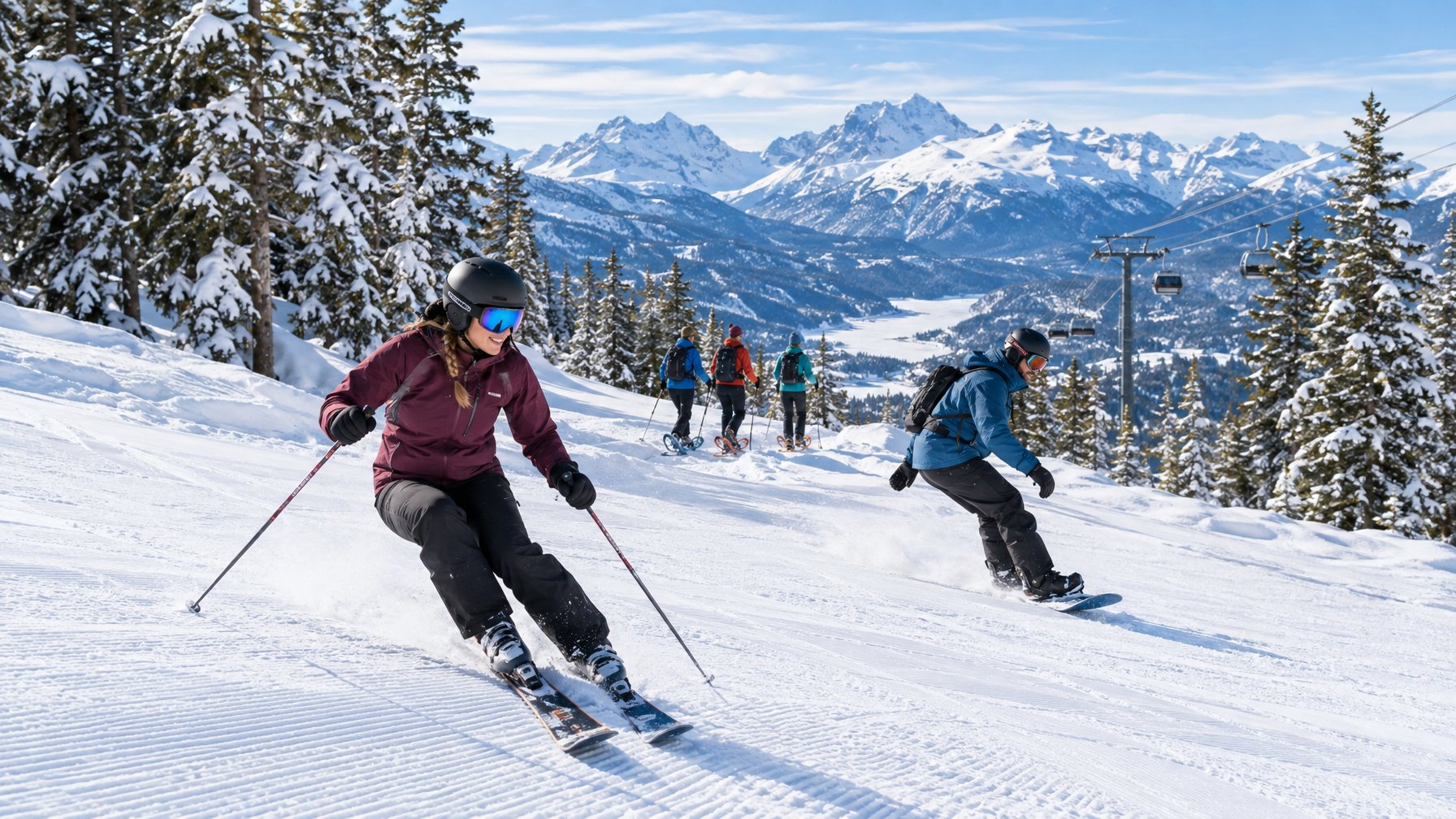 Para pengunjung bermain ski, papan seluncur salju, dan sepatu salju di resor pegunungan bersalju.