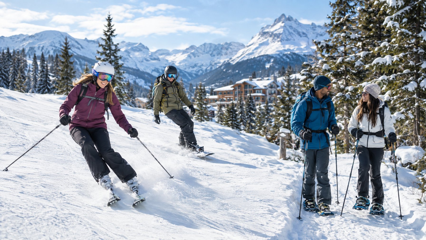 Sekelompok teman menikmati ski, snowboard, dan berjalan dengan sepatu salju di pegunungan bersalju.
