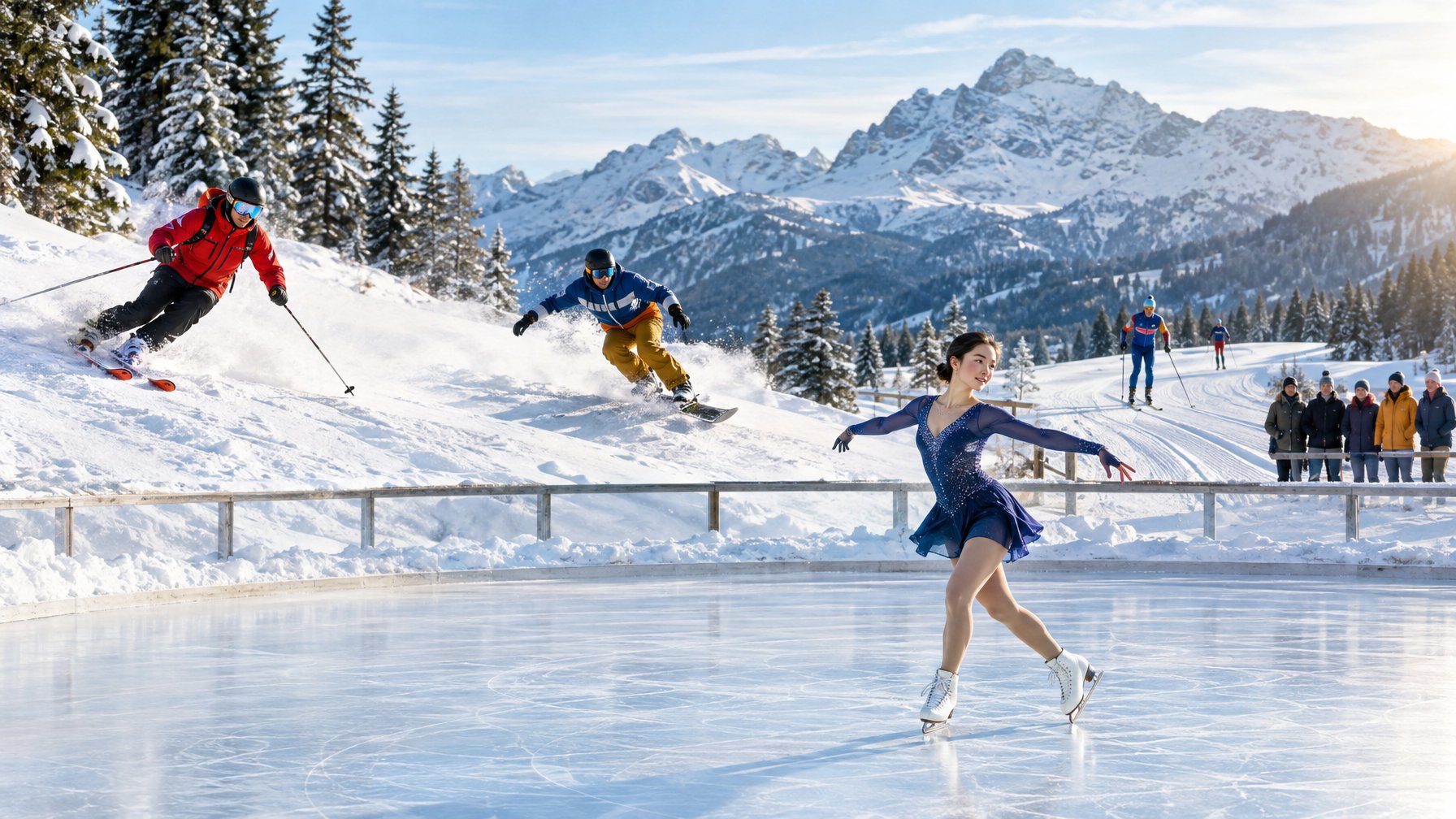 Atlet bermain ski, snowboard, dan seluncur es di tengah pegunungan bersalju.
