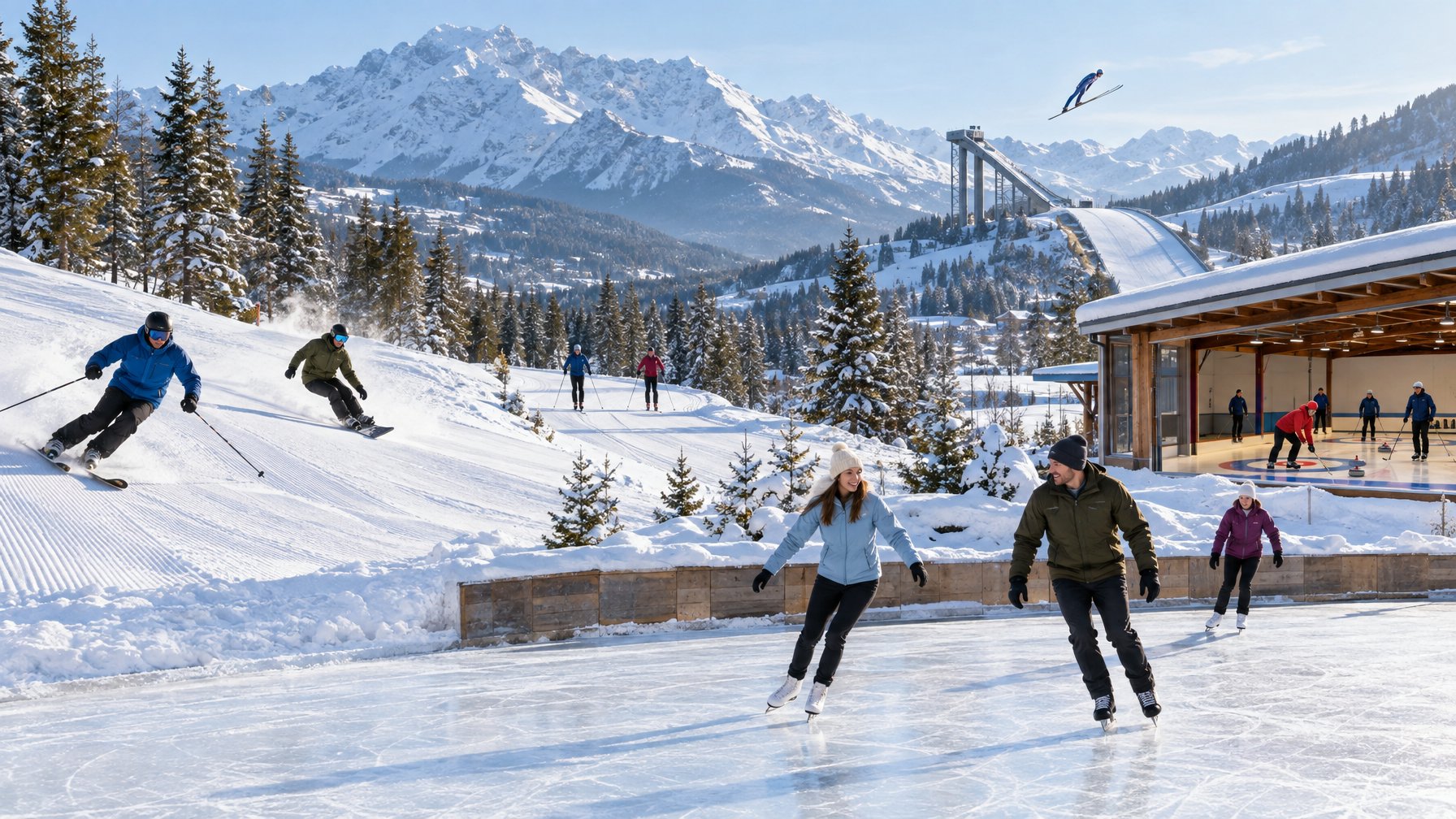 Atlet bermain ski, seluncur salju, ski lintas alam, seluncur es, lompat ski, dan curling di kawasan bersalju.