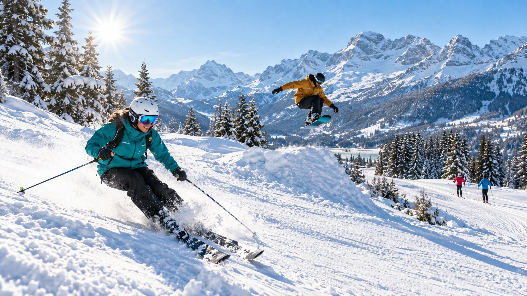 Sejumlah atlet bermain ski dan seluncur salju di kawasan pegunungan bersalju.