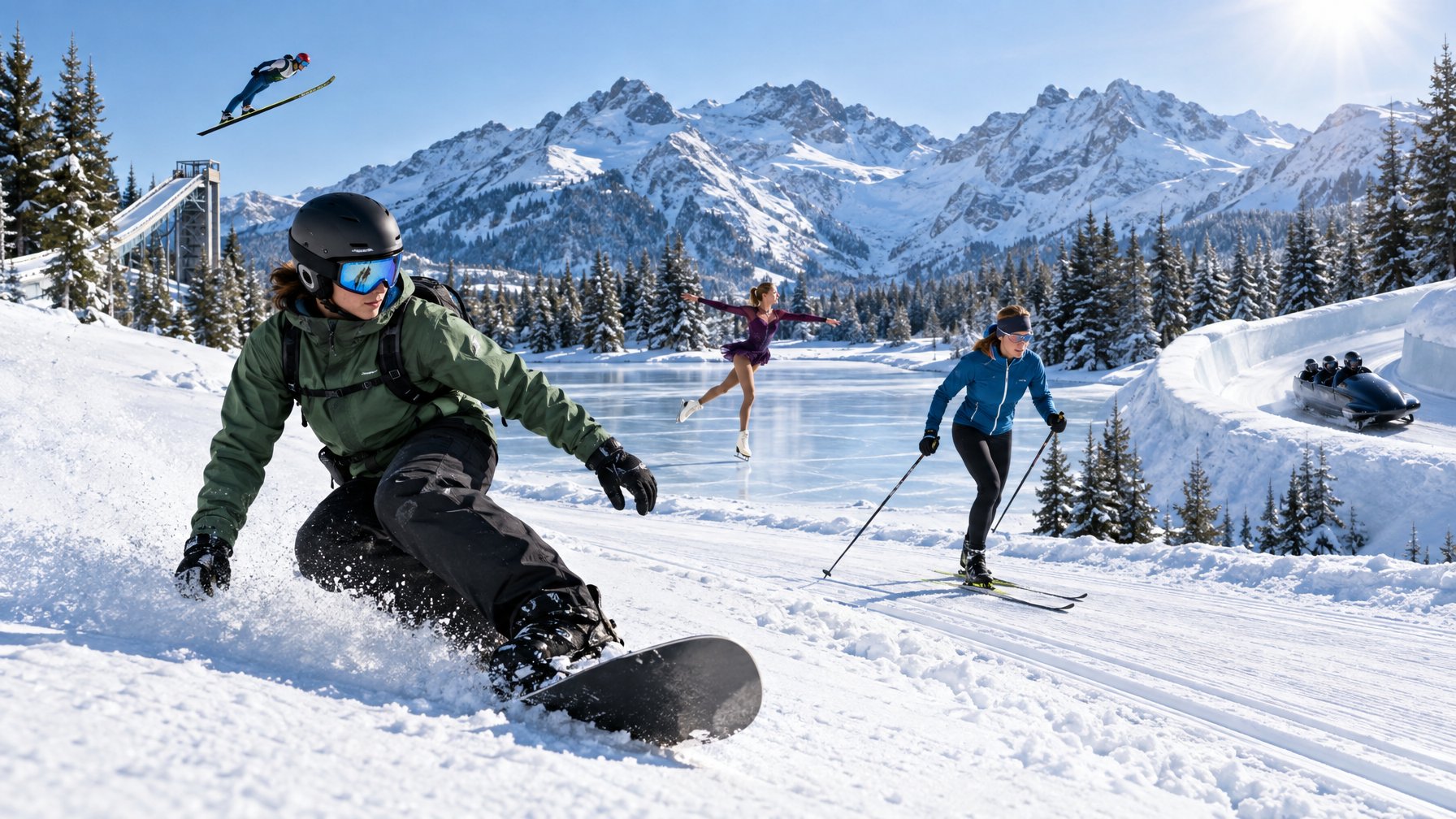 Atlet snowboard, pemain ski, dan peseluncur es berolahraga di kawasan pegunungan bersalju.