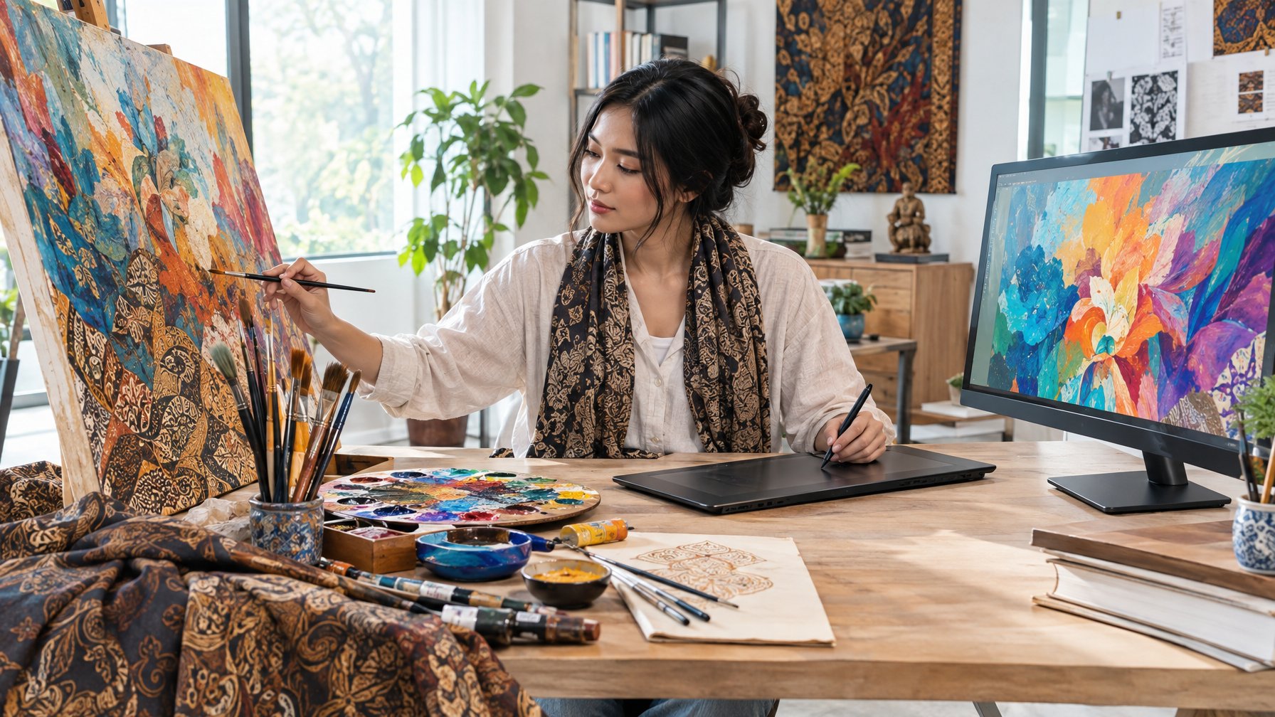 Seorang seniman bekerja dengan cat dan tablet digital di studio.