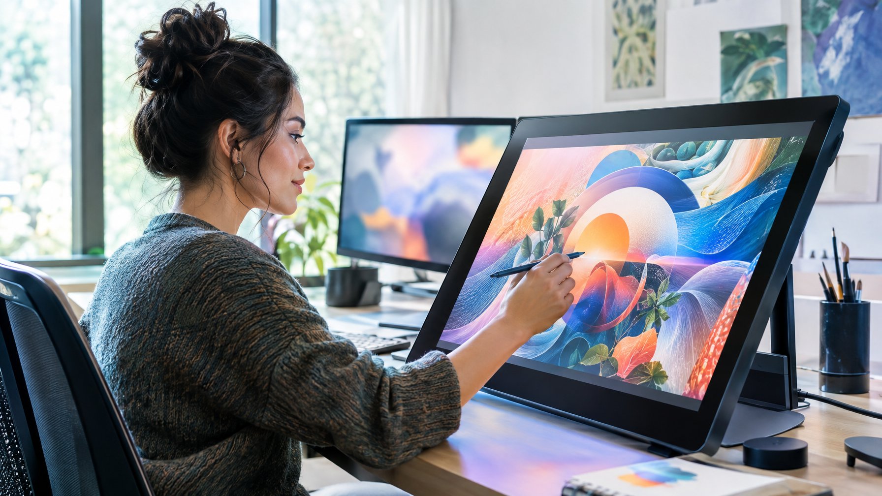 Seorang seniman digital sedang membuat karya abstrak di studio.
