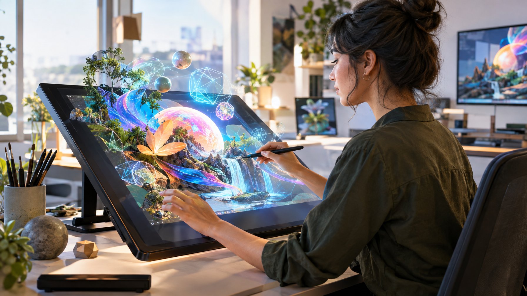 Seorang seniman membuat karya digital di studio modern.