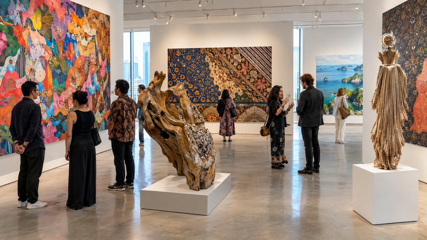 Pengunjung mengamati karya seni kontemporer Indonesia di sebuah galeri.