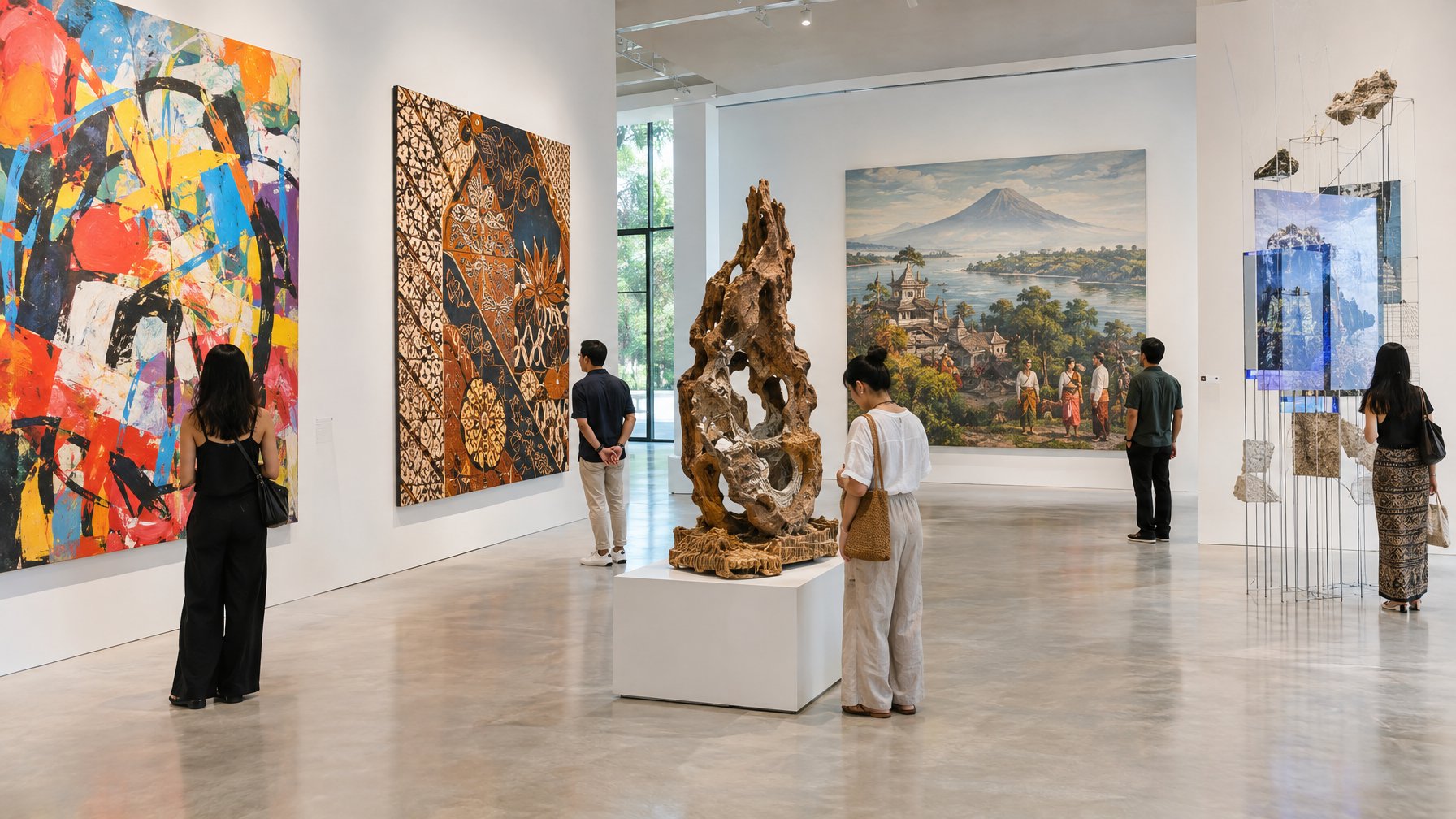Pengunjung mengamati beragam karya seni di sebuah galeri.