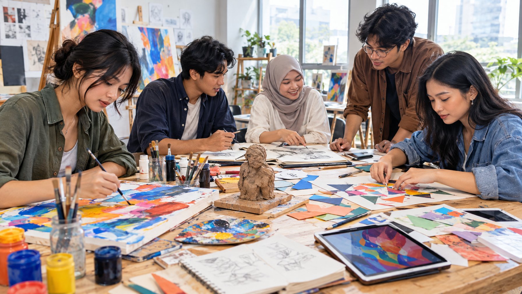 Sekelompok pelajar dan mahasiswa berkarya bersama di studio seni.
