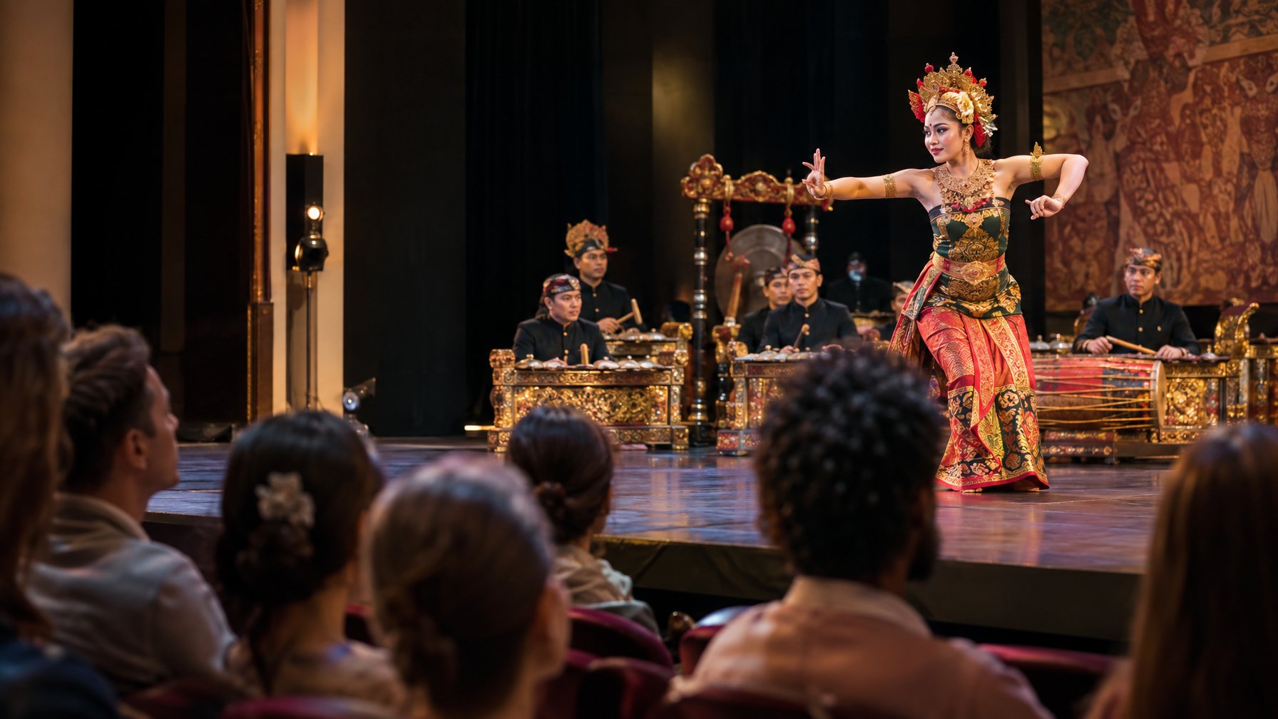 Seorang penari tradisional tampil di panggung sementara penonton menyaksikan.