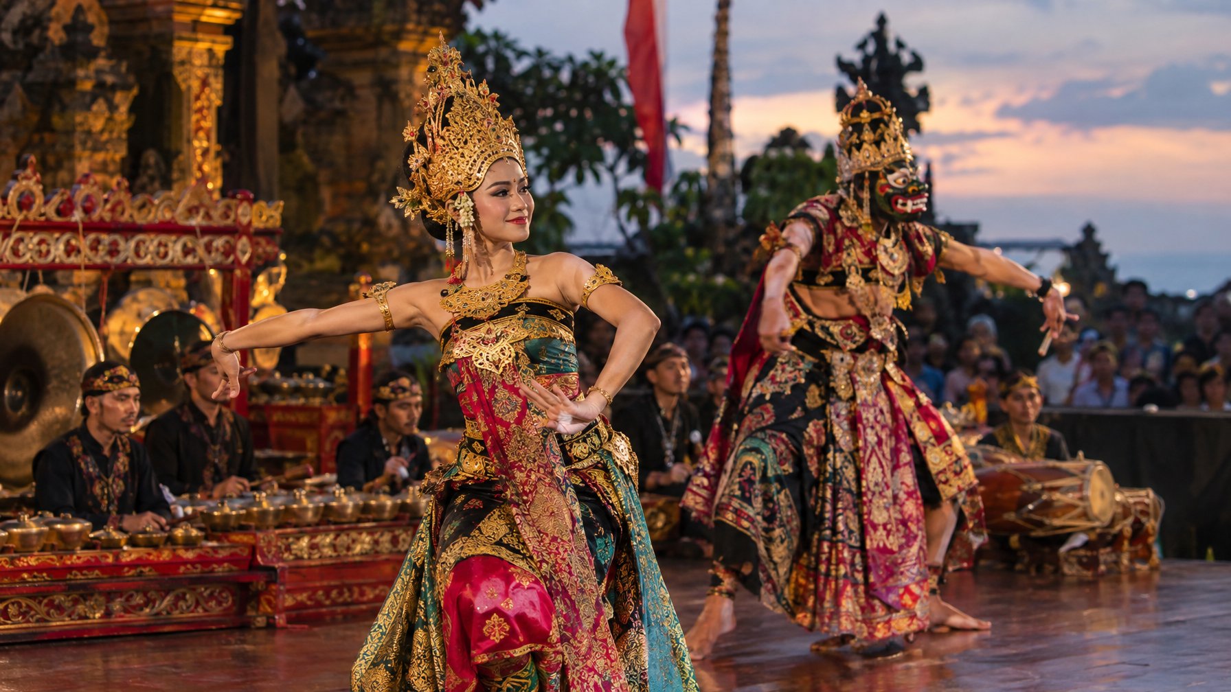 Para seniman Indonesia menampilkan tarian tradisional dan memainkan gamelan di atas panggung.