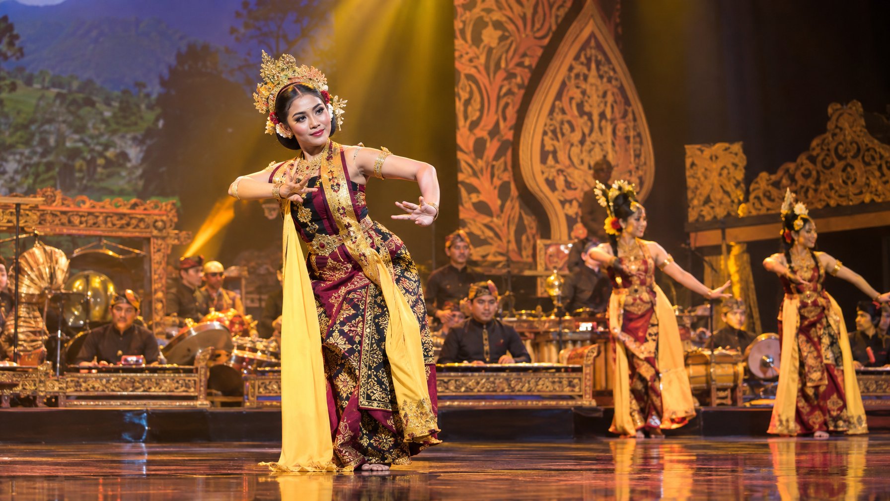 Seorang penari tampil di panggung bersama musisi dan penampil lainnya.