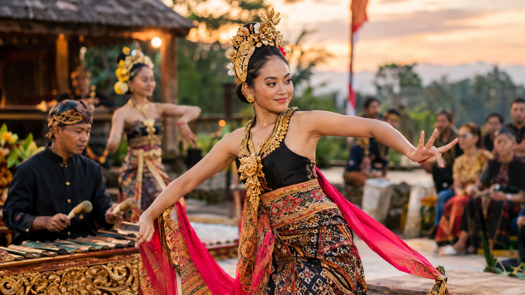 Para penari dan pemain gamelan tampil dalam sebuah perayaan budaya.