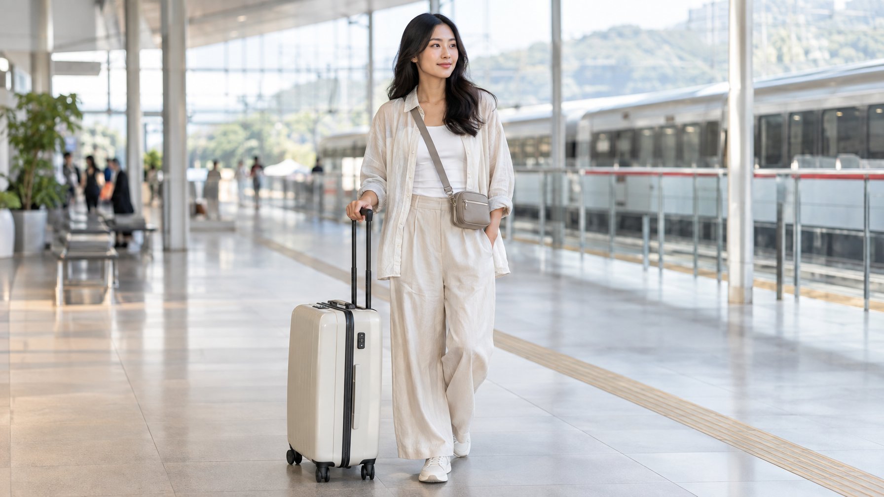 Seorang perempuan berdiri dengan koper di stasiun, mengenakan pakaian nyaman untuk bepergian.